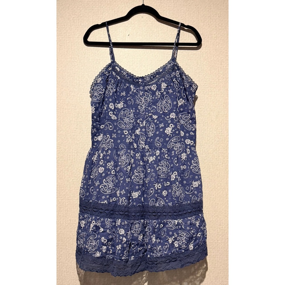 Aerie Blue Paisley Lace Trim Tiered Cami Mini Dress XL Smocked Back Boho Cotton